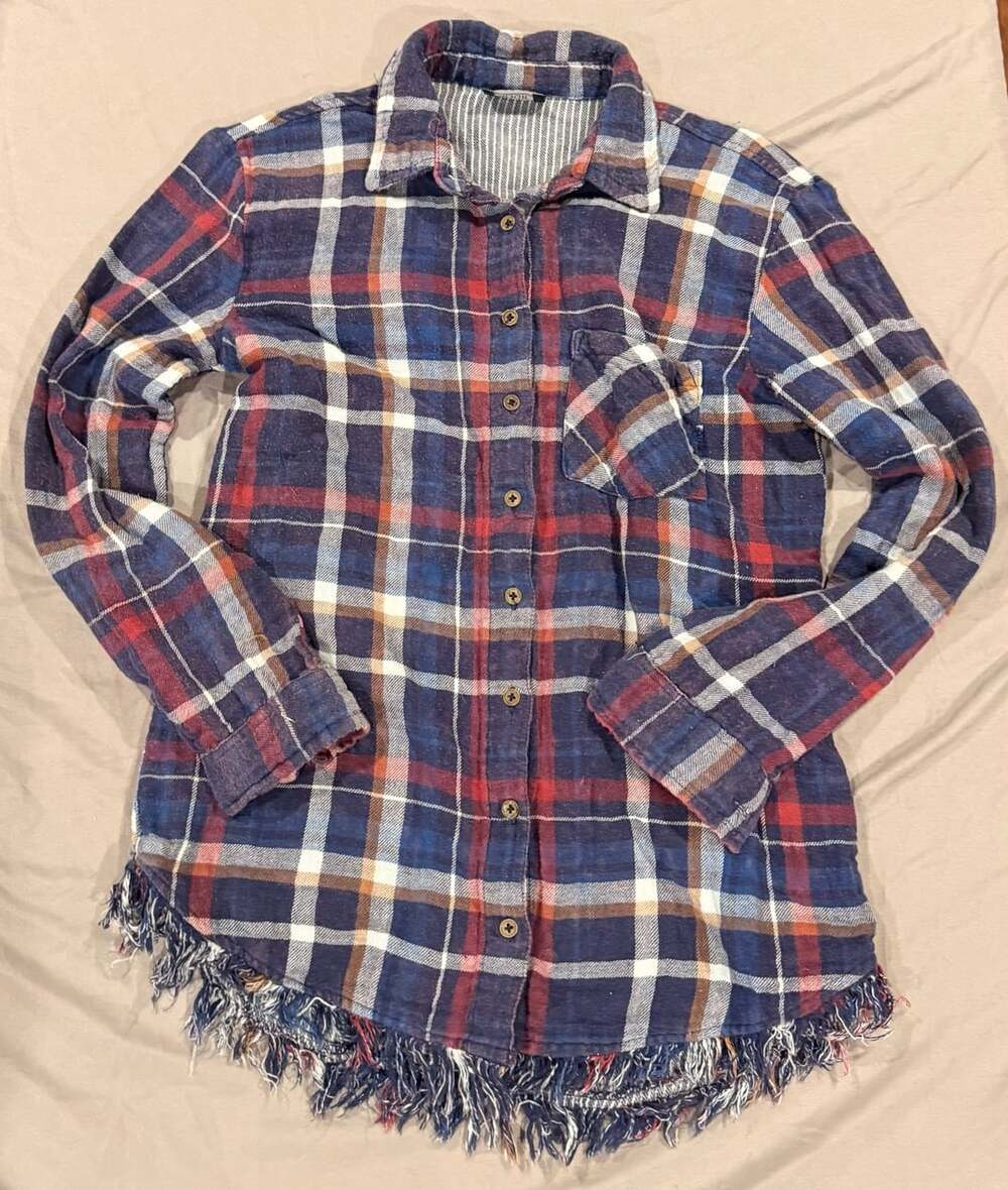 Angie Long Sleeve Plaid Shirt Blue Red Frayed Hem